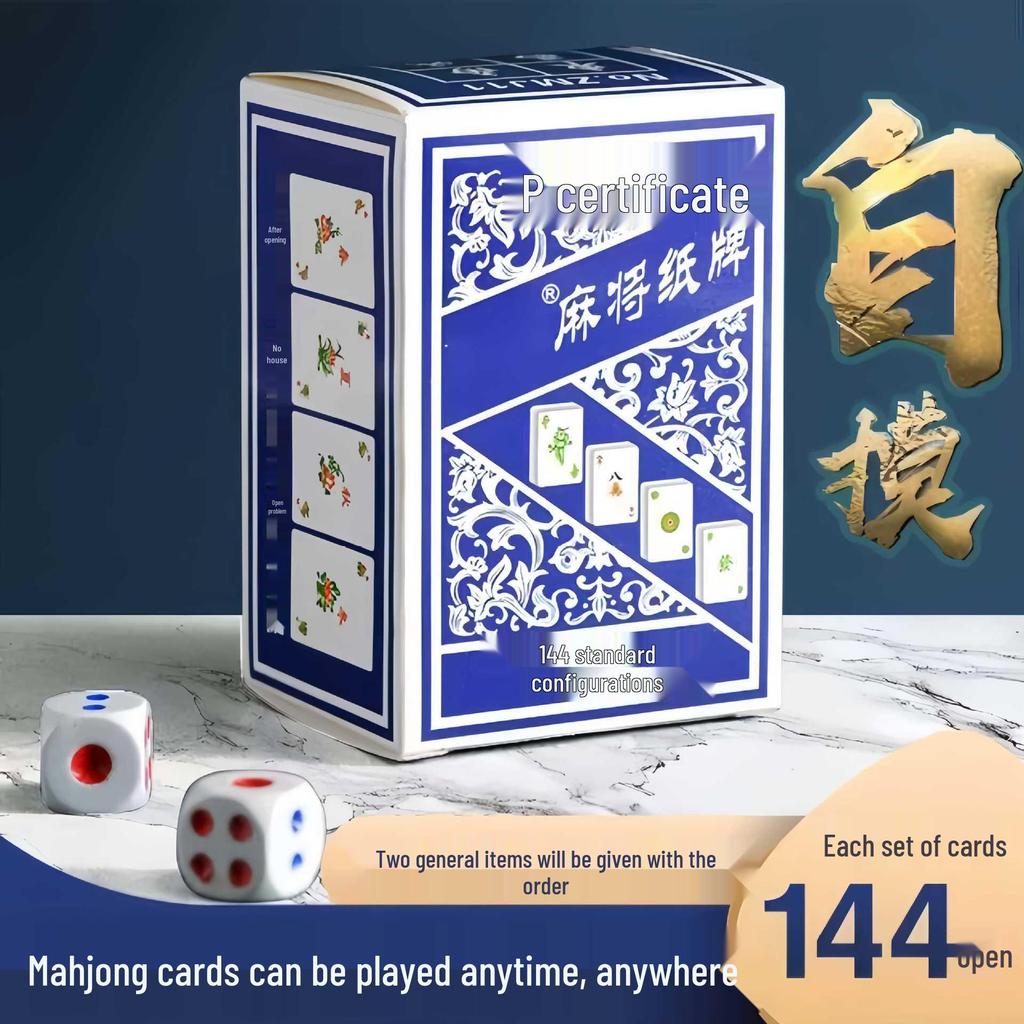 Portable Mahjong Card Set: Wide Version Thickened Paper with 144 Mahjong Poker Cards and Dice, Ideal for Home or Travel.