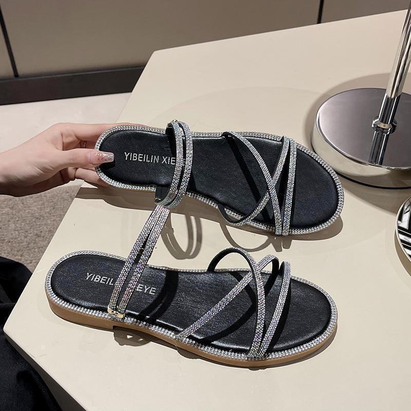 Sandals girl 2025 new women's cool slippers summer wear French fairy style flat-bottomed rhinestone sandals