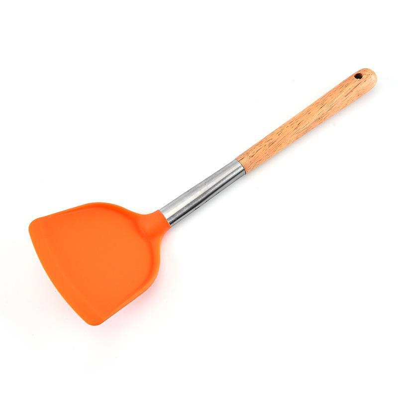 Durable Wooden Handle Silicone Kitchenware 7-Piece Set: Non-Stick Spatula & Spoon