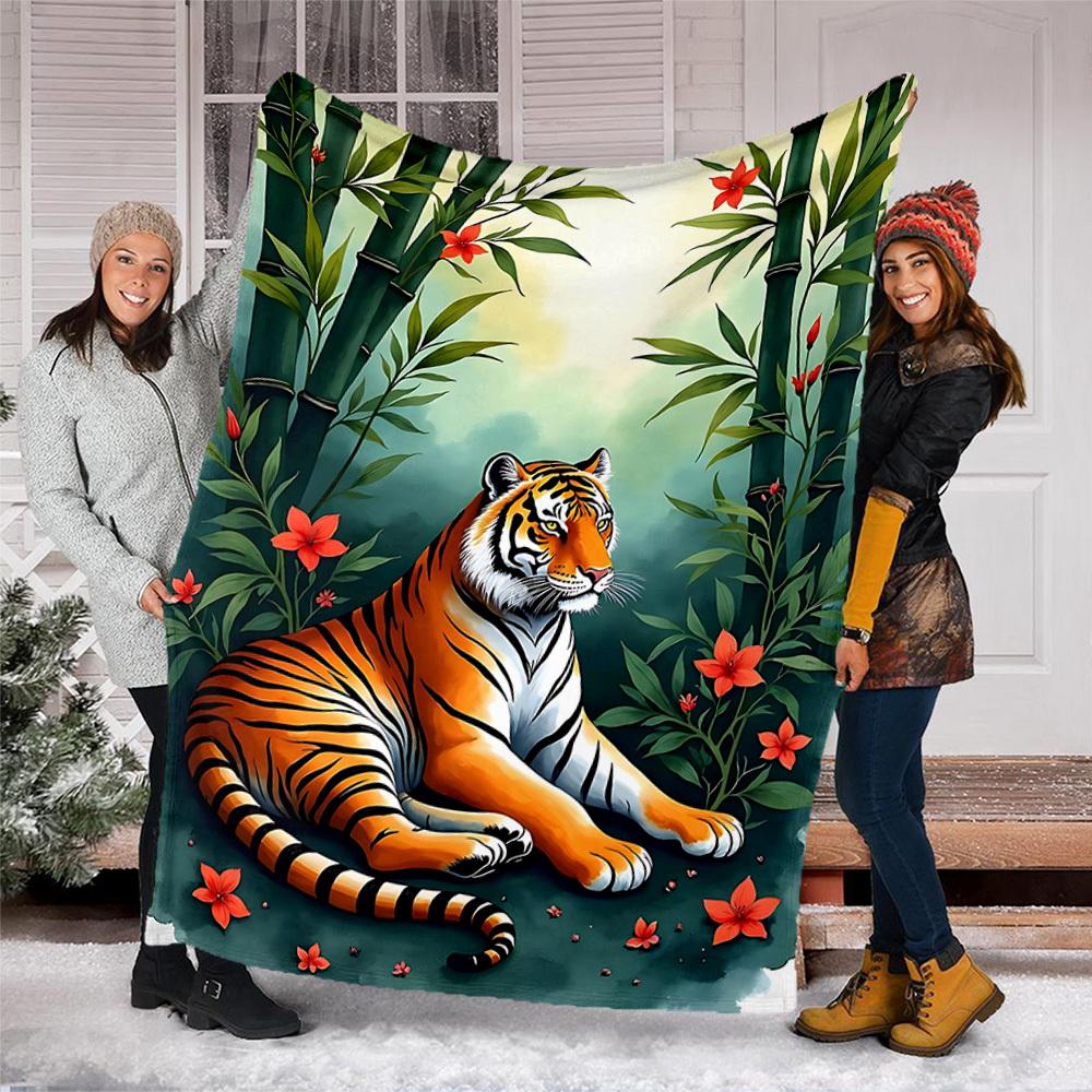 1pc Tiger Bamboo Flowers Throw Blanket Polyester Fiber, Lightweight Flannel, Soft & Warm, All Season Use for Outdoor, Camping Digital Print