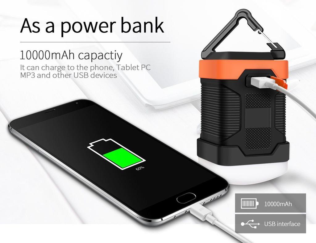 Lanterna de Camping Impermeável para Iluminação Externa e Power Bank de 10000 mAh Verde