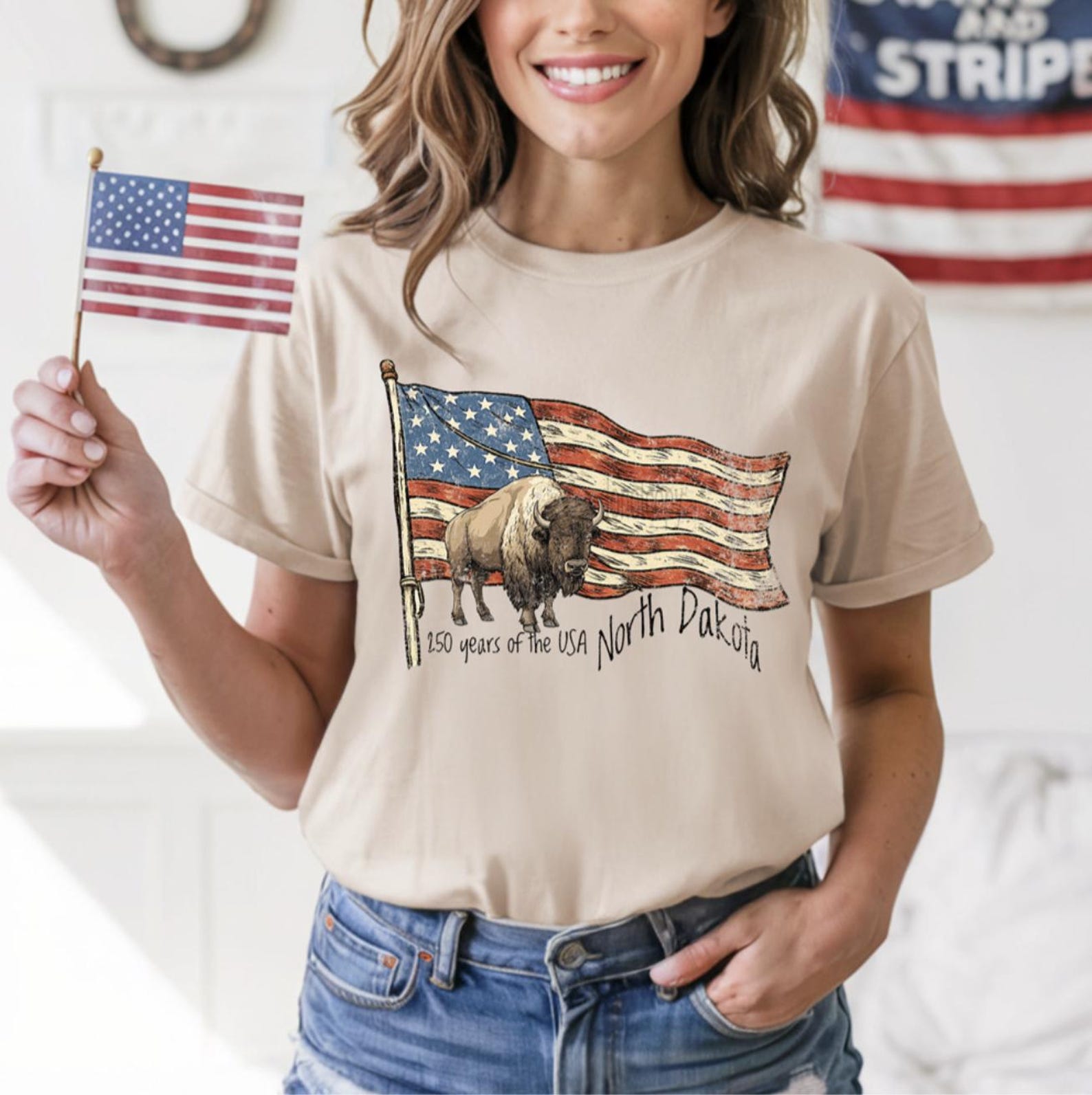 250 Years of USA, North Dakota Shirt, Bison American Flag Tee, Patriotic Buffalo Shirt, 4th of July Shirt, USA Shirt, Midwest Shirt S