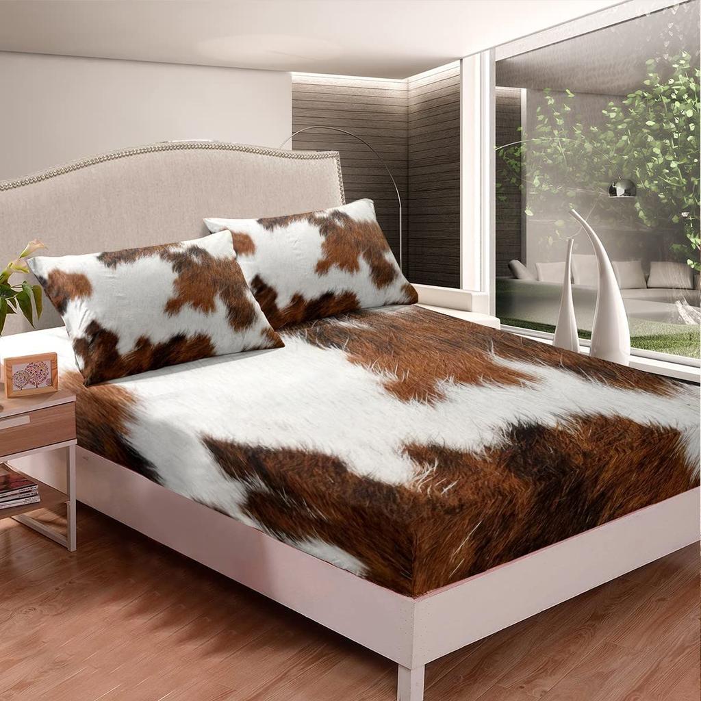 Highland Cow Fitted Sheet,Bull Cattle Bedding Set Yellow Sunflower Print Fitted Bed Sheets Western Farmhouse Theme Cow Bed Decor