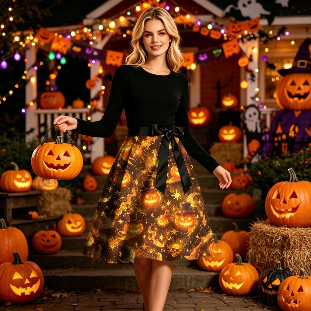 Women's Halloween Print Dress Long Sleeve Casual Round Neck Dress with Skeleton and Ghost Pattern Full Skirt for Festive Occasion