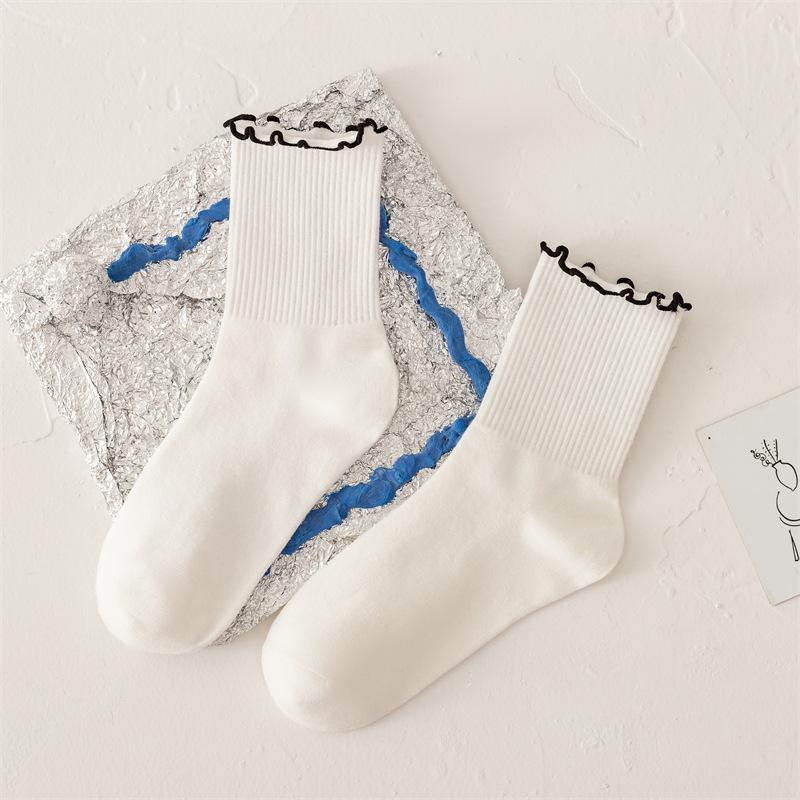 Female Spring and Summer Simple Pure Color Fungus Edge College Wind Breathable Tube Cotton Socks