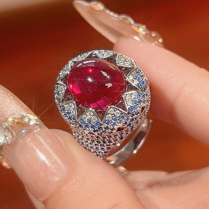 Jewelry Ring Jewelry Women's Color Treasure Inlaid Chalcedony Ruby Opening Luxury Fashion Spot