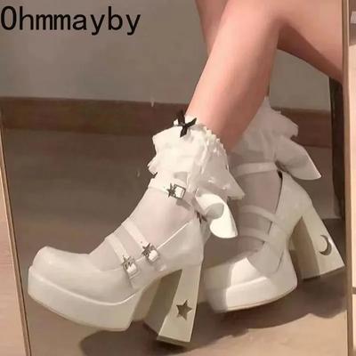 Pumps Lolita Schuhe Plateau Mary Jane Schuhe Stern Schnalle Riemen Damen Kreuzriemen PU Leder Mädchen Nieten Freizeitschuhe kawaii
