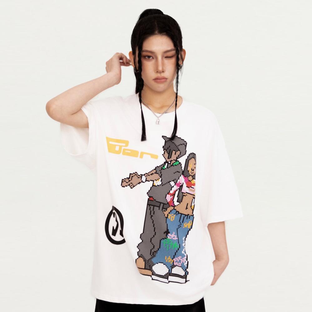 Tricou casual cu mâneci scurte cu desene animate, unisex Instagram Street Trend, tricou cu mâneci sfert din bumbac pur, cu sferturi de vară