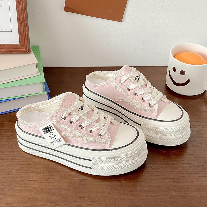 Baotou slippers women's summer wear 2025 new canvas shoes versatile student lazy half drag platform white shoes ins