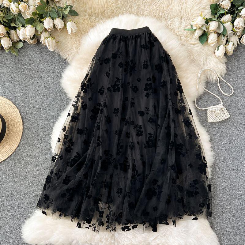 

Юбка-миди с сердечками в французском ретро-стиле, длинная, сетчатая Black Flowers One size