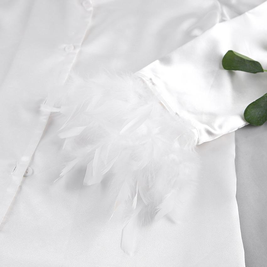 Trendy European American Ice Silk Pajama Set Fashion Ostrich Feather Shirt Long Pants Loose Fit Two Piece Home Service Outfit