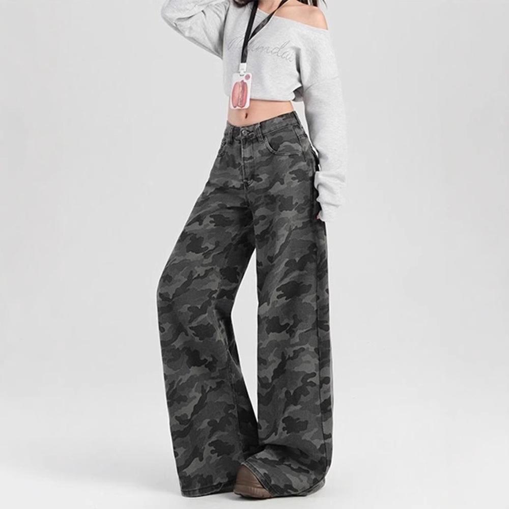 Retro Camouflage High-Waist Wide-Leg Jeans for Women - Slimming Floor-Length Workwear Pants for Autumn/Spring.