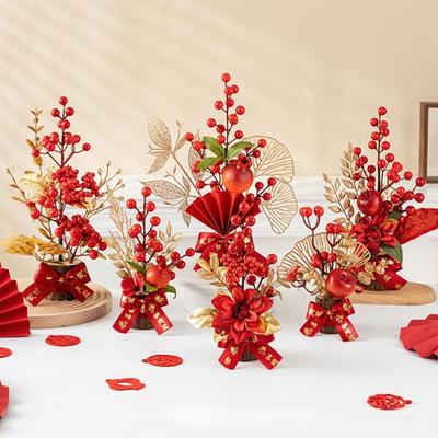 Red Berry Branch Artificial Flowers Plants Pots Best Wishes New Year Pots Tabletop Pots  Home Decor