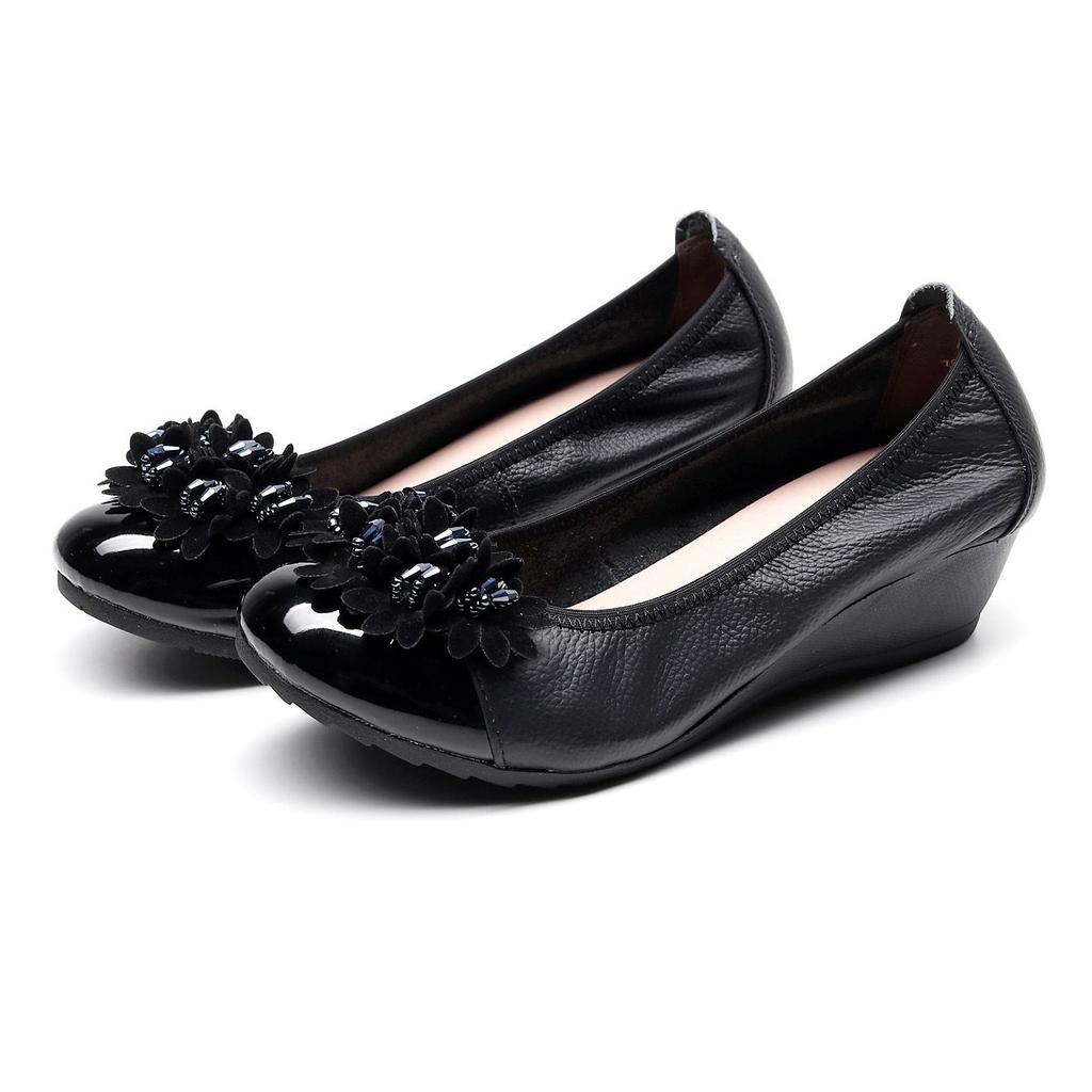 Guenine Leather Women's Loafers 2025 New Wedges Flower Moccasins Ladies Soft Rubber Retro Shoes Non-slip Luxury Slip-on Flats