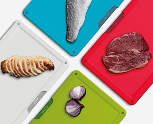 Joseph Joseph Cutting Board Set of 4, Large Size Folio, Color-Coded for Different Food Types, Non-Slip, Dishwasher Safe, with Storage Case, Food Icons
