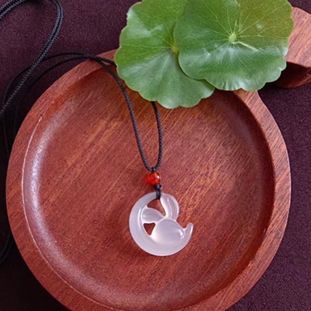Natural White Chalcedony Moon Rabbit 3D Pendant - Ice Style