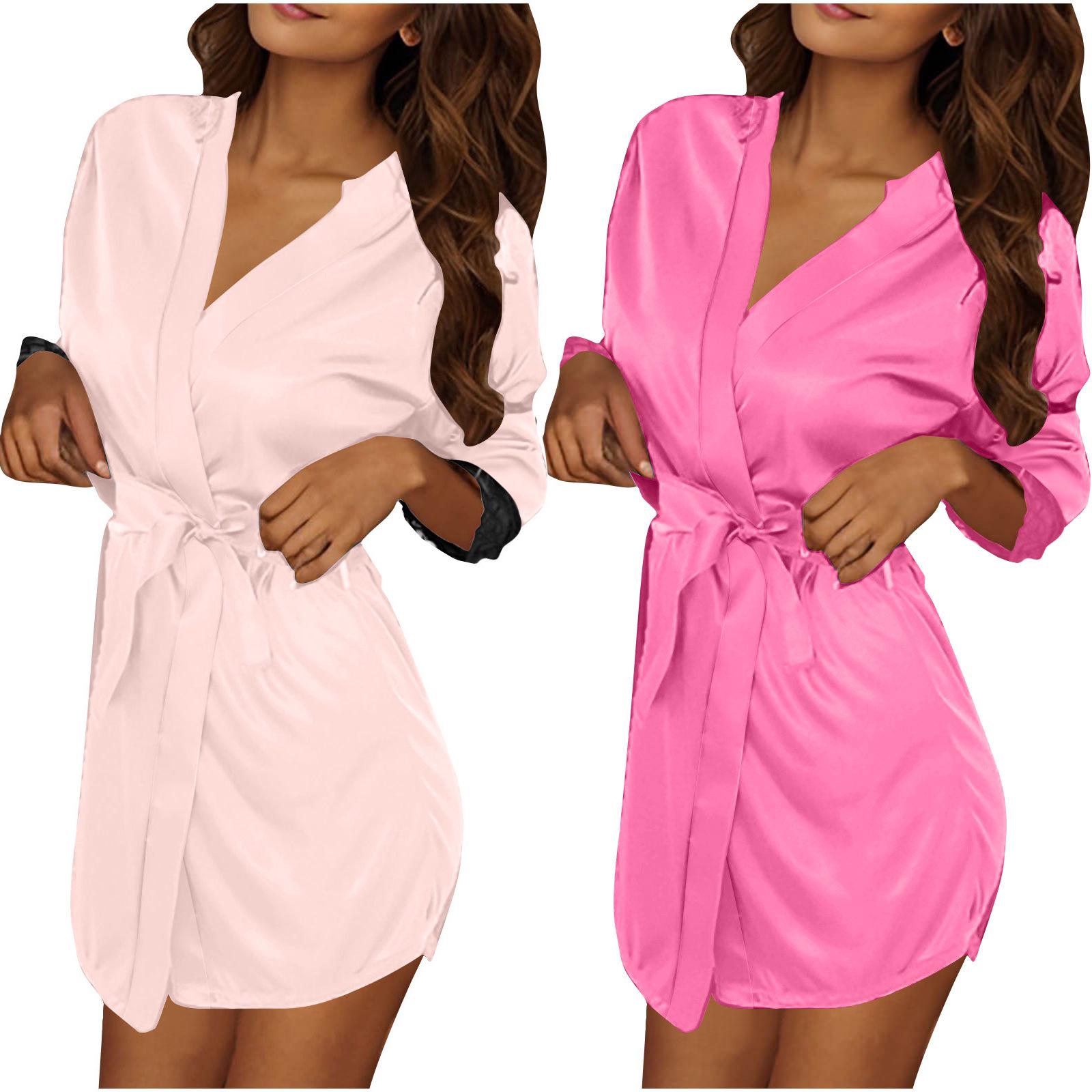 

Європейський та американський стиль Сексуальний крижаний шовк Великого розміру Жіночий халат з довгим рукавом Піжама One Size тілесний/рожевий червоний колір