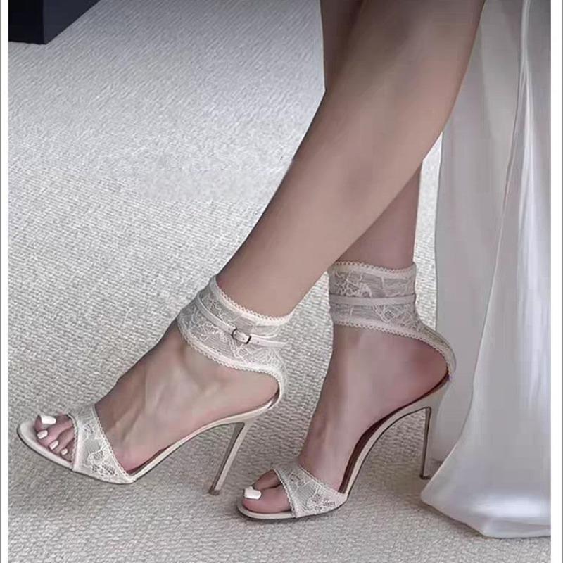 Fashion Stiletto Sandals Spring Summer New Round Toe Open Toe Lace Embroidery Sexy One Strap Anti-slip Wear-resistant High Heels