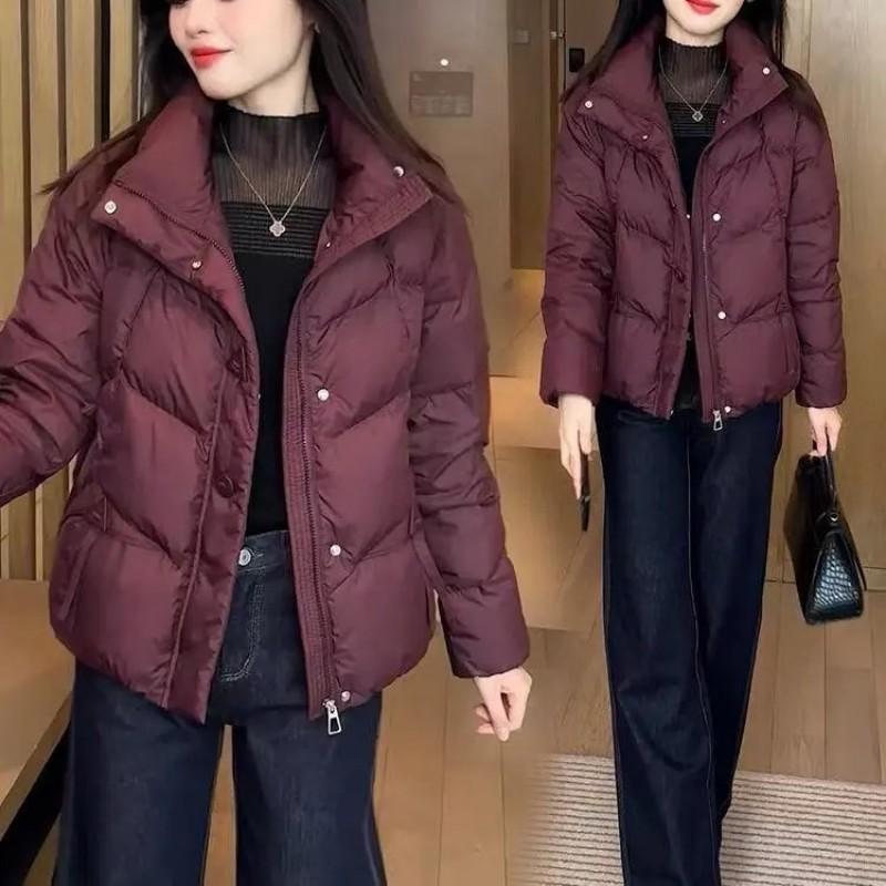 Womens Short Puffer Jacket Winter 2026 Thick Warm Cotton-Padded Coat Stand Collar Zip Front Casual Style