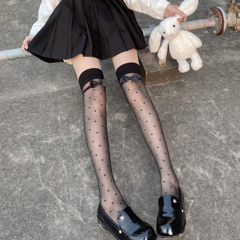 Ultratenké průhledné nylonové dlouhé ponožky punčochy Dámské JK Lolita Vysoké punčochy na stehna Japonský styl Puntíkaté podkolenky Vysoké ponožky
