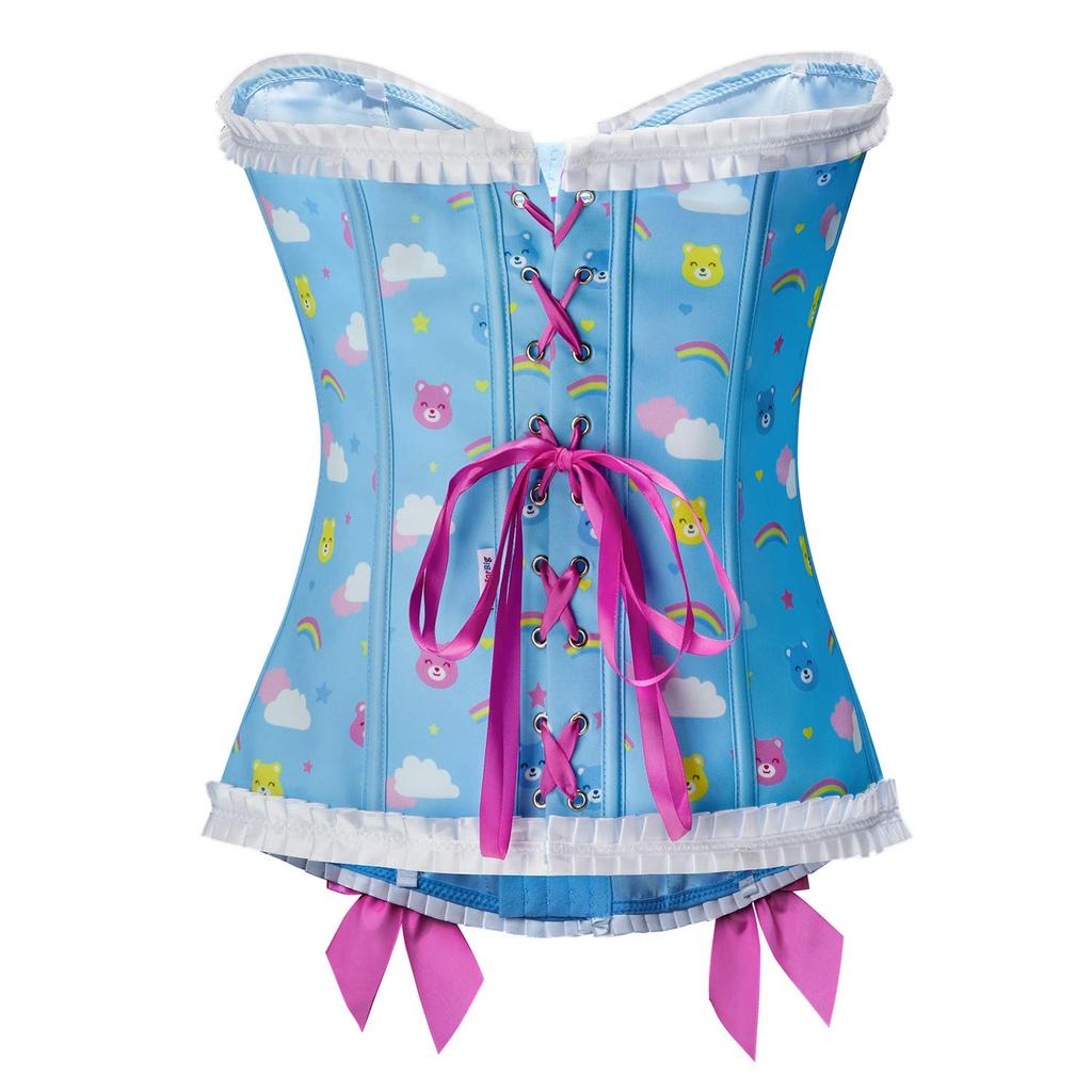 LittleForBig Women's Corset with Ribbon Bow Lace-Up Bustier and Body Shaper Top, Blue [Teddy Friends], Size 2XL