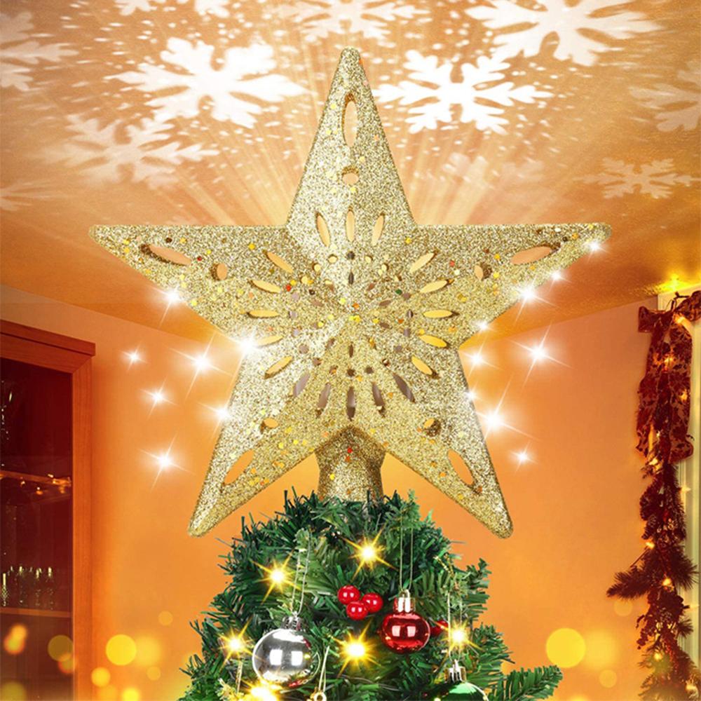 Christmas Decoration Star Tree Topper Lighted with LED Snowflake Projector Light