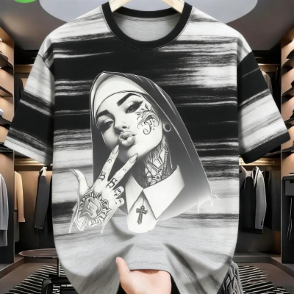 

Fashion Black Tattooed Nun Graphic Print Women s T-shirt Summer Casual Loose Short Sleeves Men s and Women s Tees Top XXS