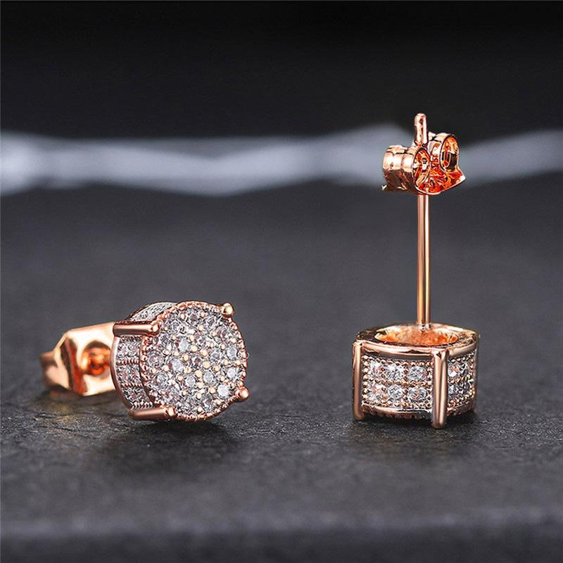 Cao Shi European and American Style Full Diamond Hip Hop Men's Stud Earrings with Micro-Inlaid Zircon and Electroplated Round Design