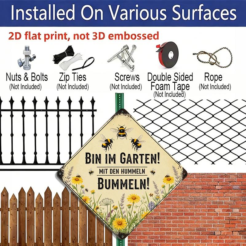 2D Flat Vintage Bee Garden Aluminum Sign, Funny German Slogan Rustic Wall Art with Rusty Edge, Hanging Decor for Garden Yard Patio Farm