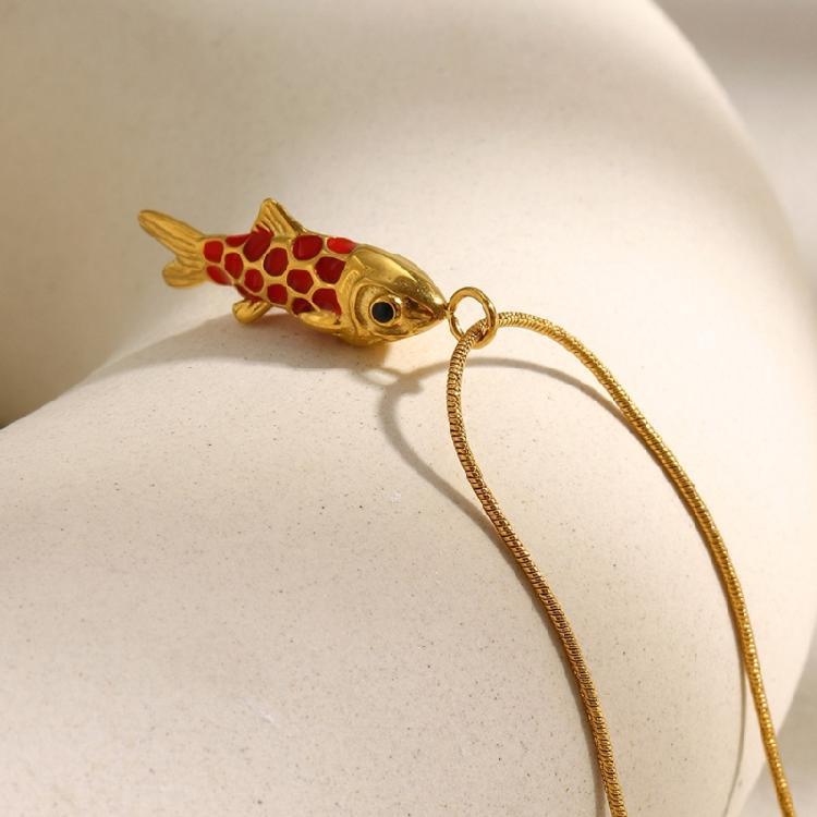 Modern Red Lacquer Carp Pendant Necklace Tarnish Resistant Stainless Steel 18k Gold Plated Everyday Jewelry Design