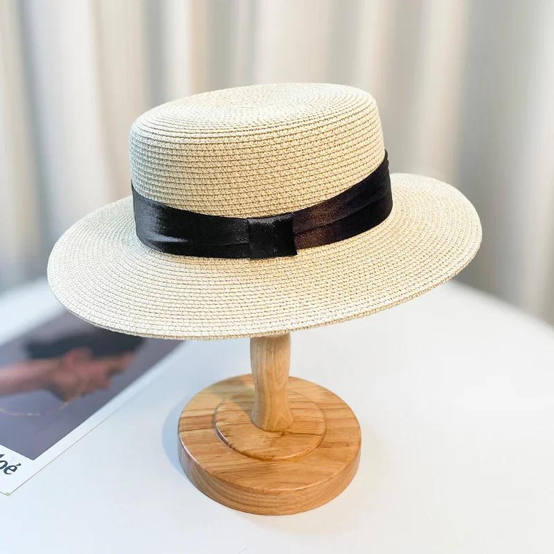 The Four SeasonsRetro HatPanamaFlatBrimmed Sun Hatbucket Hat UV Protection Sun Hat for Beach MiniBow Vacation Handmade Straw Hat