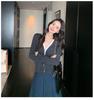Women's V-Neck Color Block Cardigan with Yangzi Yarn Wool Knit Long Sleeves