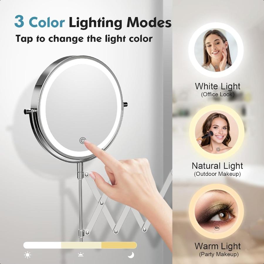 Rechargeable Wall Mounted Makeup Mirror 8 Inch Double Sided 1X 10X Magnifying Mirror with 3 Color Lights Dimmable Touch Screen
