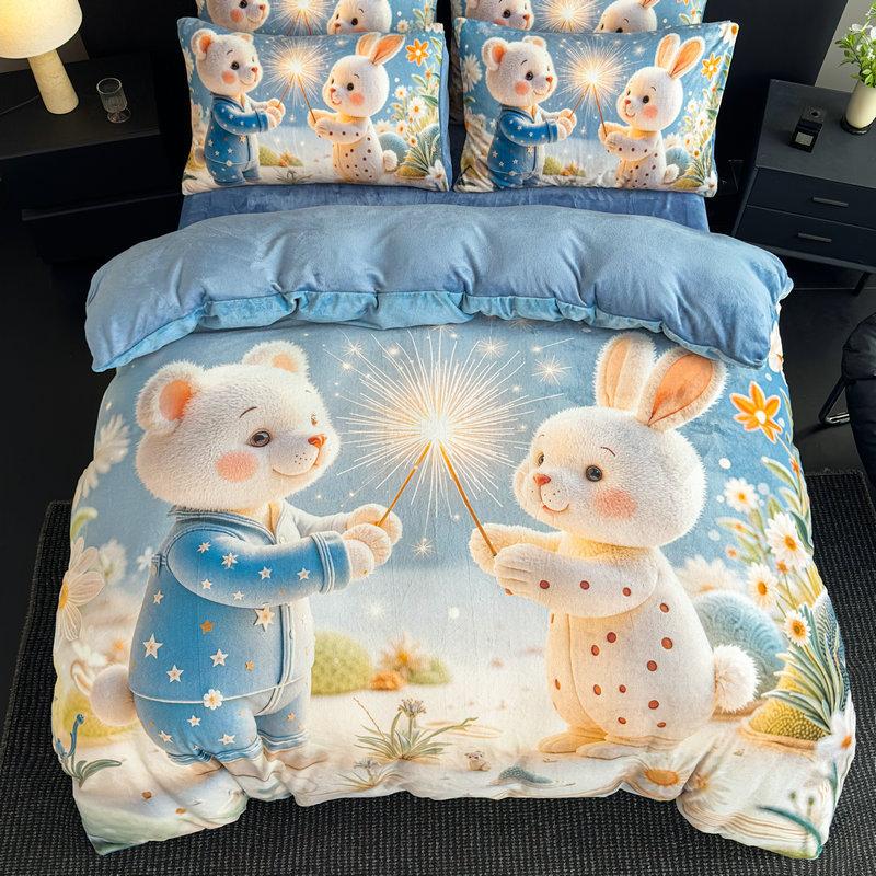 Milk Fleece Four-Piece Set, Large Version Digital Printing Cute Cartoon Single Double Quilt Cover, Bed Hat Three-Piece Set