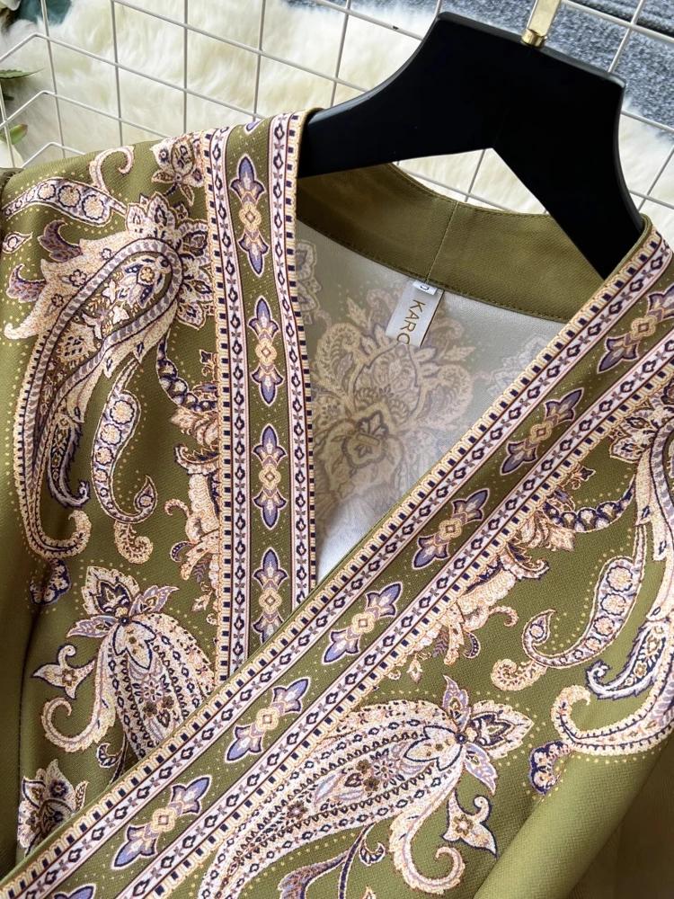 Herbst Paisley Print Bandage Wrap Abendkleid Frauen Laterne Ärmel Party Langes Kleid Weibliche Y2k Patchwork Dicken Satin Ballkleid