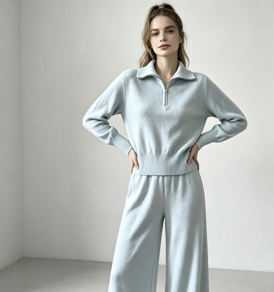European and American casual knit set: women's half-zip sweater + high-waisted wide-leg pants, weighty two-piece set