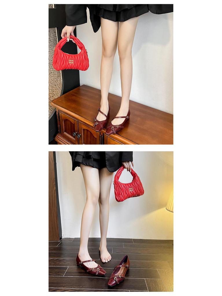 Beijiani Women's Cross-Buckle Sheepskin Mary Jane Square-Toe Flats