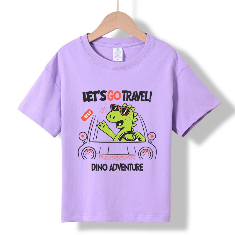 

MC-82 MINISO 2026 Summer Kids 100% Cotton Dino Adventure T-Shirt Cool Travel Dinosaur Car Graphic Short Sleeve Tee for Boys & Girls 150