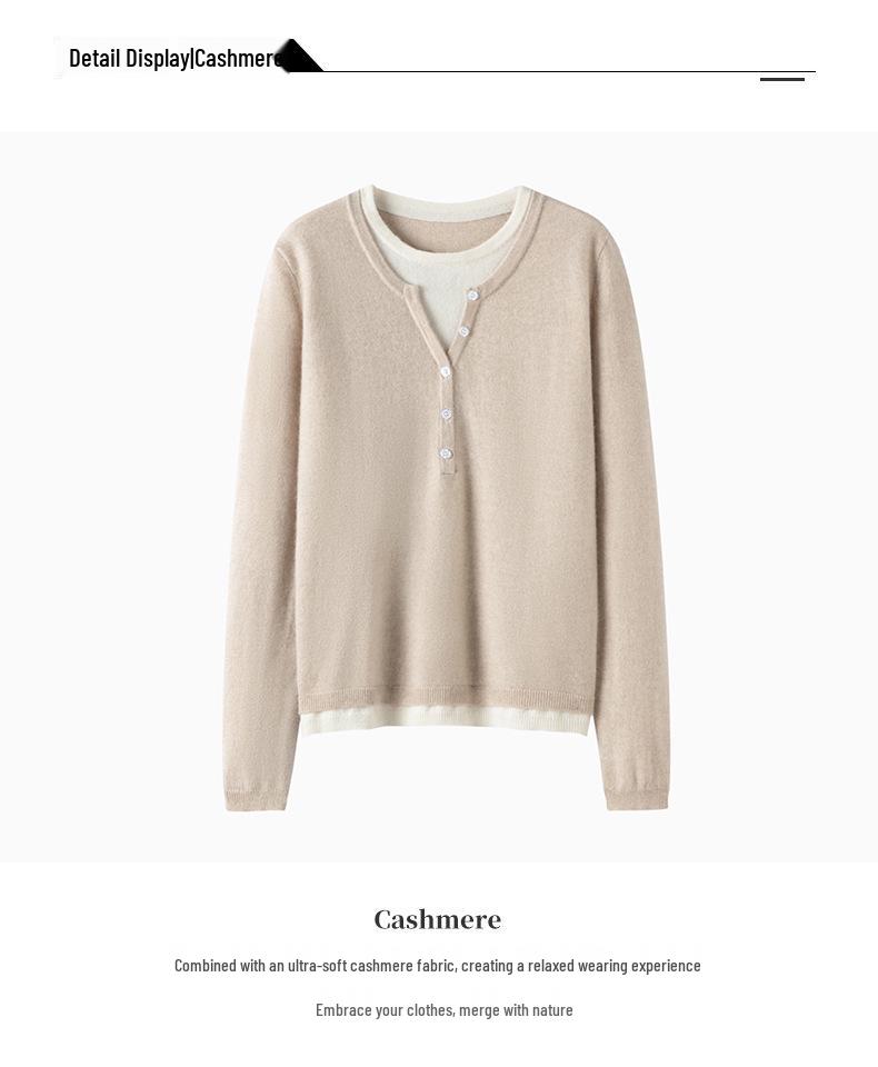 Women's Cashmere Color Block Knit Top: Autumn and Winter Pullover, Round Neck, Fake Two-Piece Design.