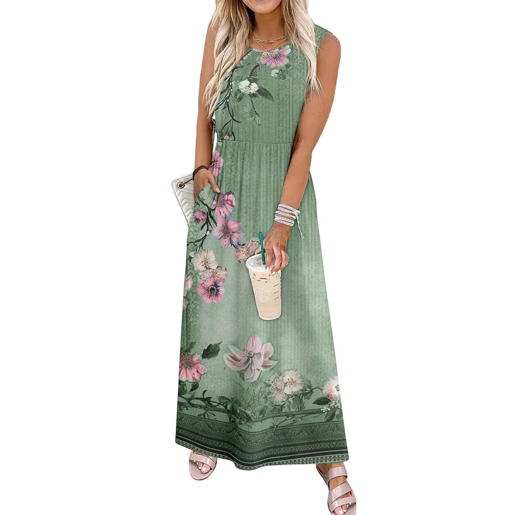 Ladies' Floral Print Casual and Fashionable Waist Cinched Sleeveless Dress