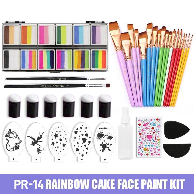 12 Farben Wasserbasierte Körperfarbe Strich Regenbogen Split Cakes Gesichtsmalerei Set mit 18 Pinseln Finger Schwamm und Schablone