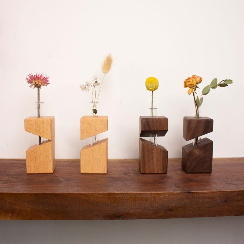 Solid Wood Hydroponic Green Plant Flower Vase Desktop Ornaments Glass Wall-mounted Vase Decorative Ornaments