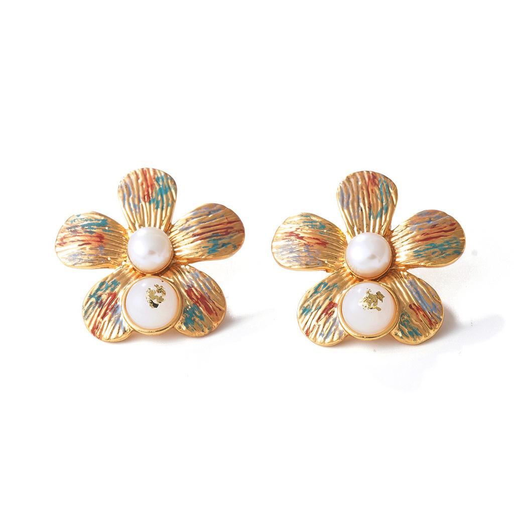 Retro Personality Fashion High Sense Metal Pearl Flower Enamel Painted Fringed Earrings Temperament Simple Ear