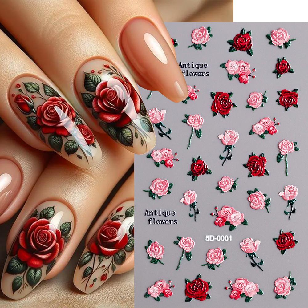 1sheet 5D Embossed Butterfly Nail Art Stickers Purple Butterflies/Floral Nail Art Decals Self-Adhesive Rose Flower Manicure Diy
