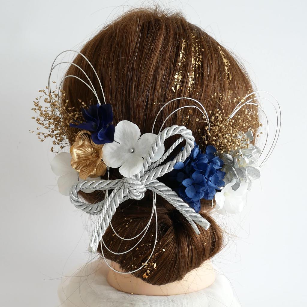 Preserved Flower Hair Ornament with Braided Mizuhiki and Gold Leaf for and Japanese Clothing [Bria] Coming-of-Age Ceremonies, Graduations, Weddings,