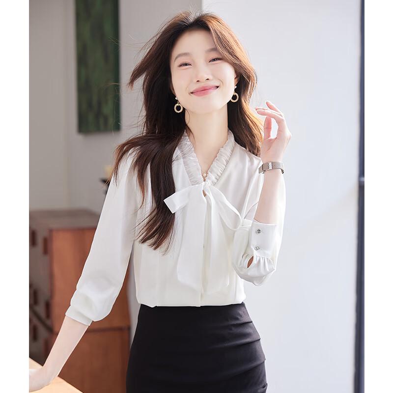 Troloman Women's V-Neck Bow Tie Long Sleeve Blouse