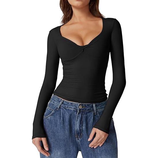 

Женский плиссированный свитер с V-образным вырезом и длинными рукавами в европейском и американском стиле - облегающий осенний топ - модная футболка из молочного шелка. Extra Small чёрный