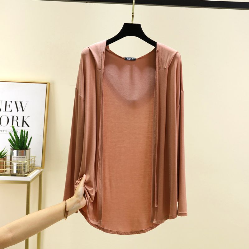 Long Sleeves Modal Hooded Cardigan Women's Thin Loose Outer Wear Sun Protection Top Plus Size Loose Pure Color Casual Outwear