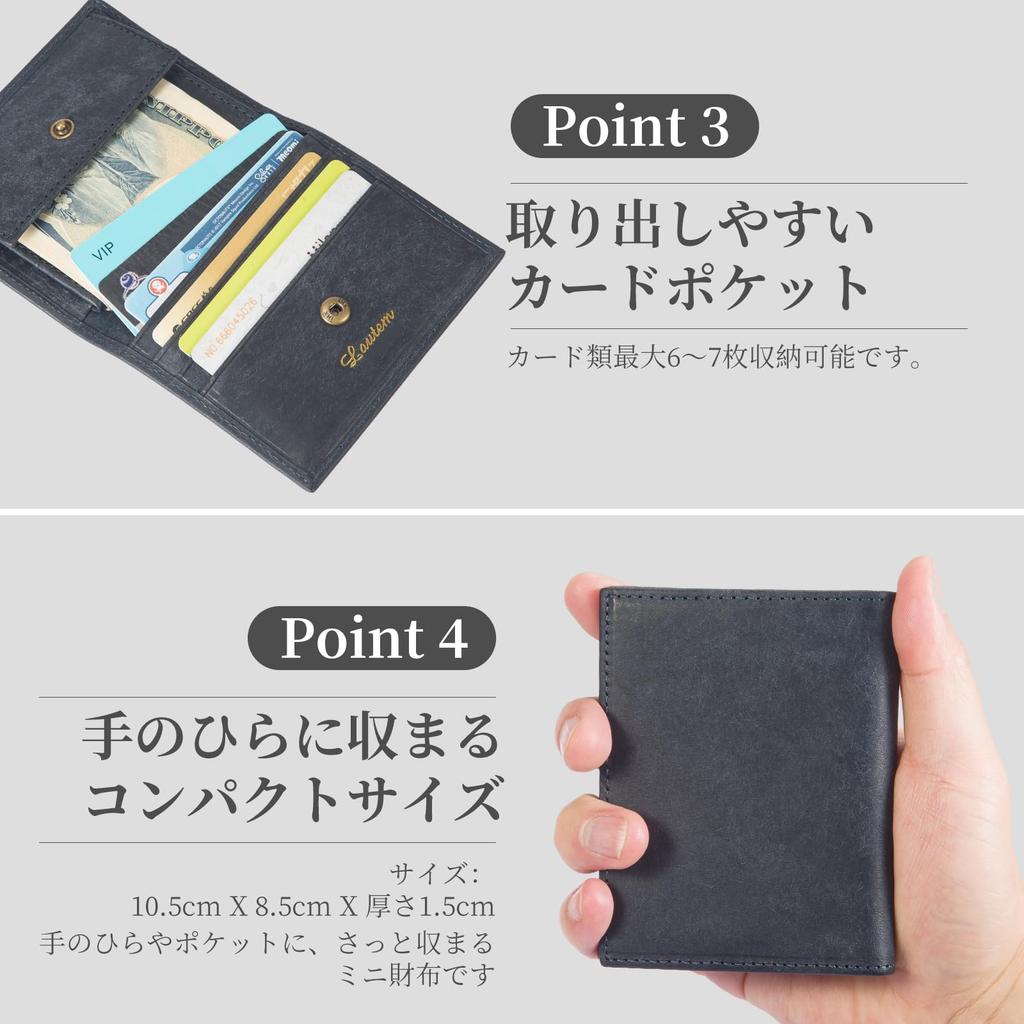 Lautem Men's Bifold Wallet, Small, Slim, Compact, and Women's, Made with Italian Pueblo Leather. Navy.