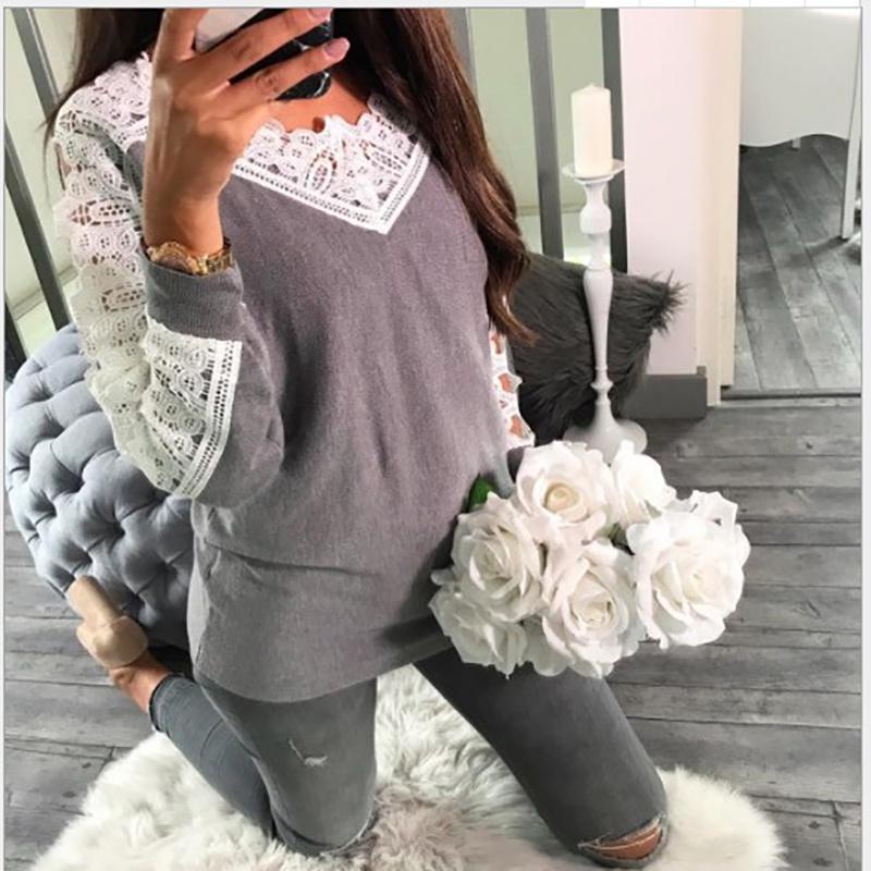 Elegant Sexy Lace Stitching Off Shoulder Crochet Blouse With Hollow Long Sleeves